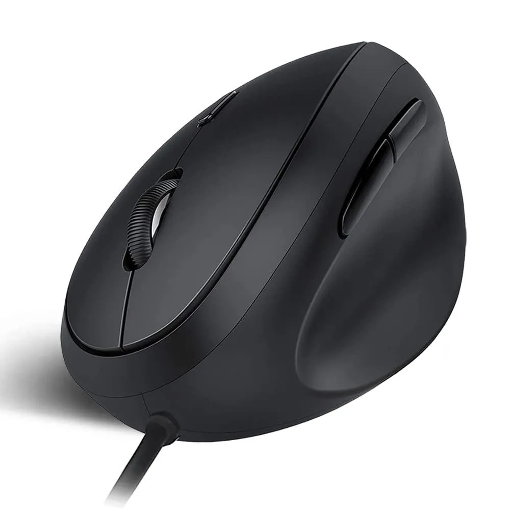 Black vertical ergonomic mouse with rubber coating, right-handed shape, six buttons, wired USB cable