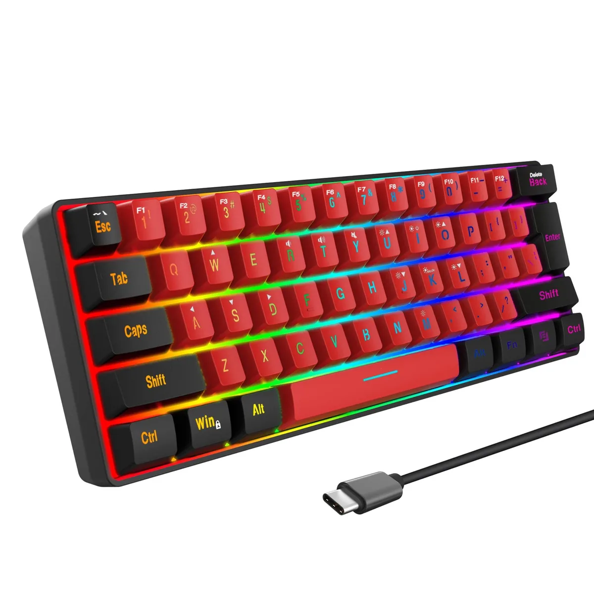 Compact 60 percent keyboard in black and red acrylic with 61 keys and RGB lighting
