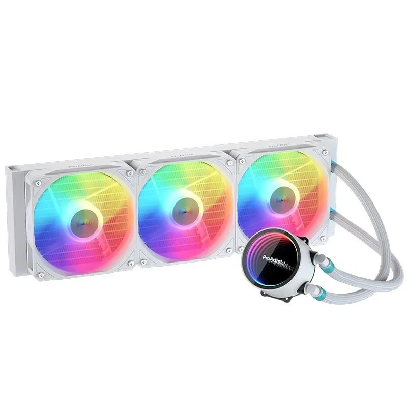 White 360 mm all-in-one liquid cooler with three 120 mm fans, square pump block featuring infinity mirror lighting