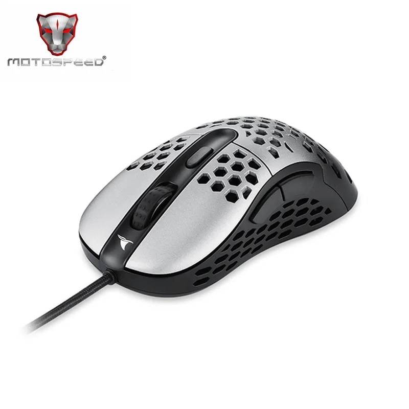 Dark gray wired gaming mouse with honeycomb shell and USB cable