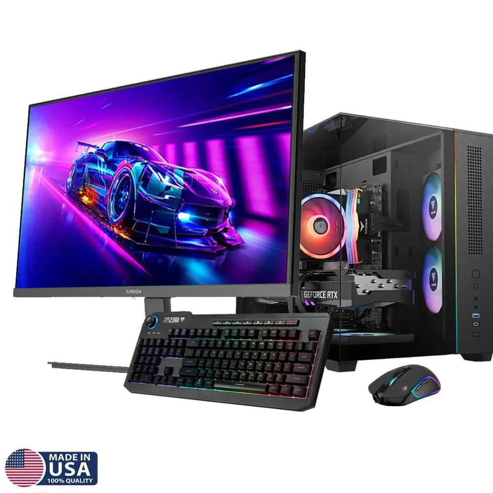 Black mid-tower desktop with RGB lighting, 22-inch monitor, keyboard and mouse