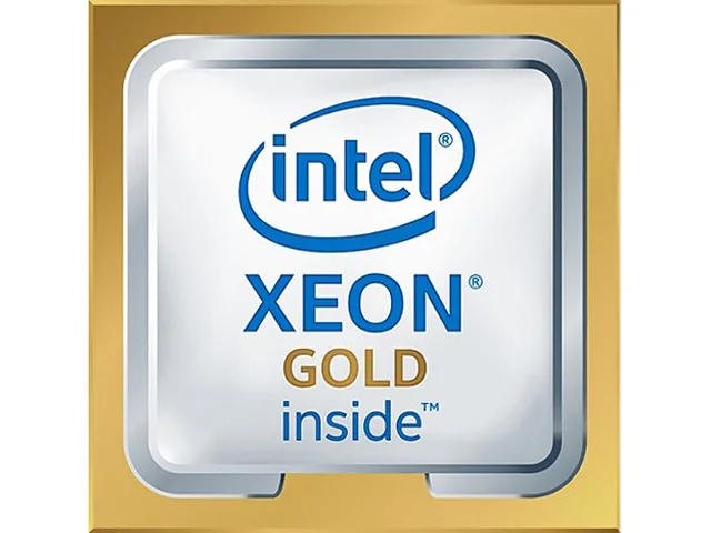 Square green printed circuit board with gold contact pads and silver metal heat spreader marked Intel Xeon Gold