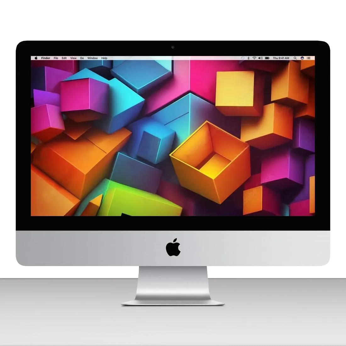 Silver all-in-one desktop with 21.5 inch Retina 4K display and tapered aluminum rear