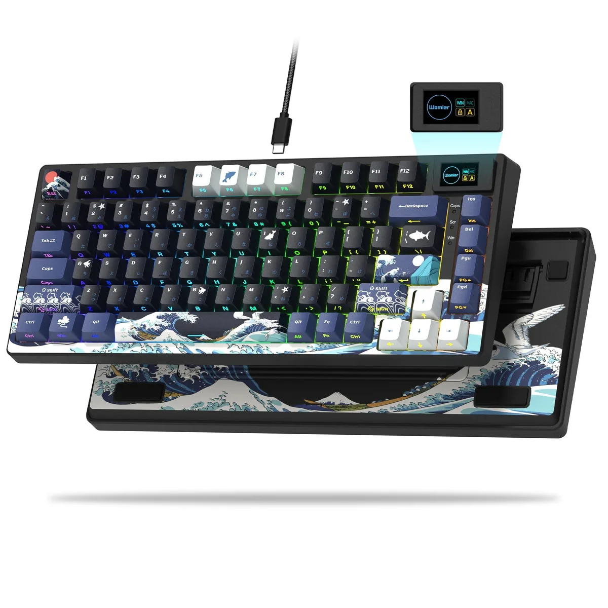 Compact 75% mechanical keyboard in black with a colour multimedia screen and Kanagawa-themed keycaps