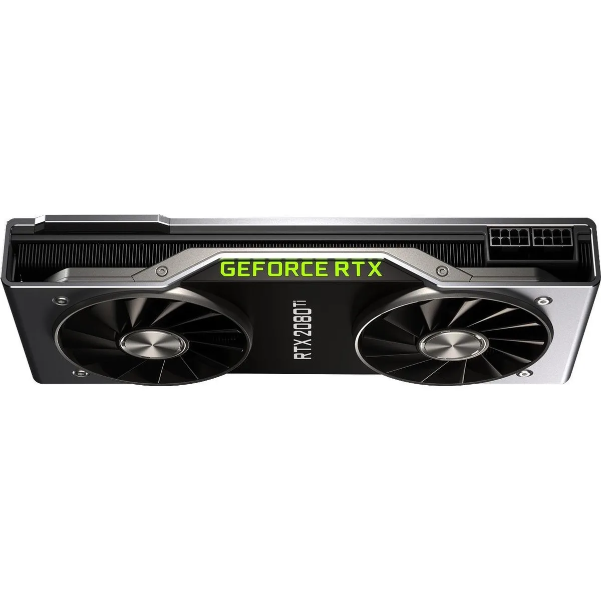Silver dual-slot graphics card with angular shroud and dual axial fans