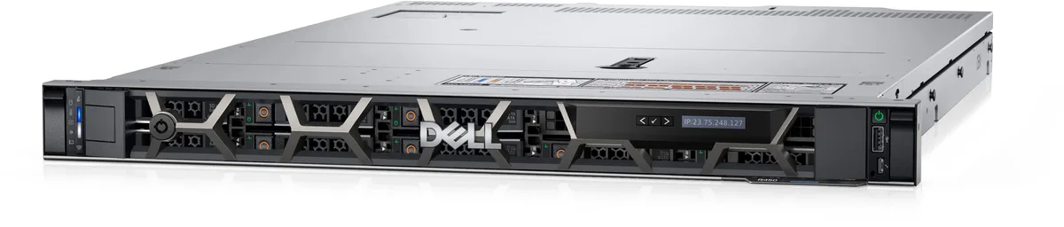 Silver 1U rack server with front drive bays and Dell badge