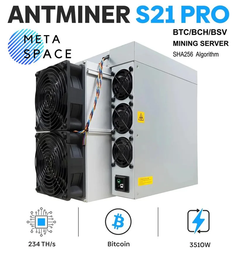 Rectangular silver metal miner with two front fans, Ethernet port visible, 400 by 195 by 290 millimetres