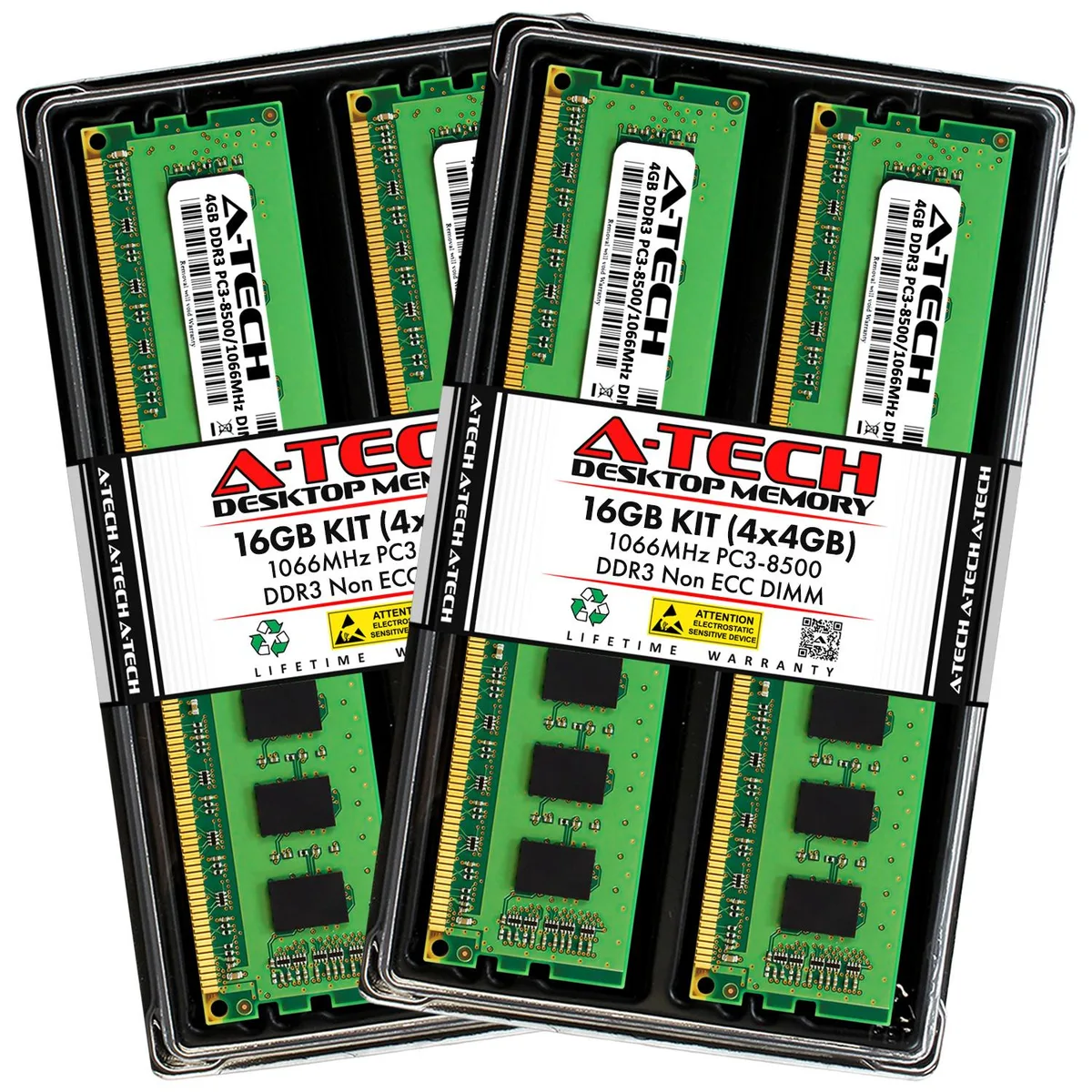 Four green DDR3 DIMMs with black chips, no heat spreaders, 240 pins each