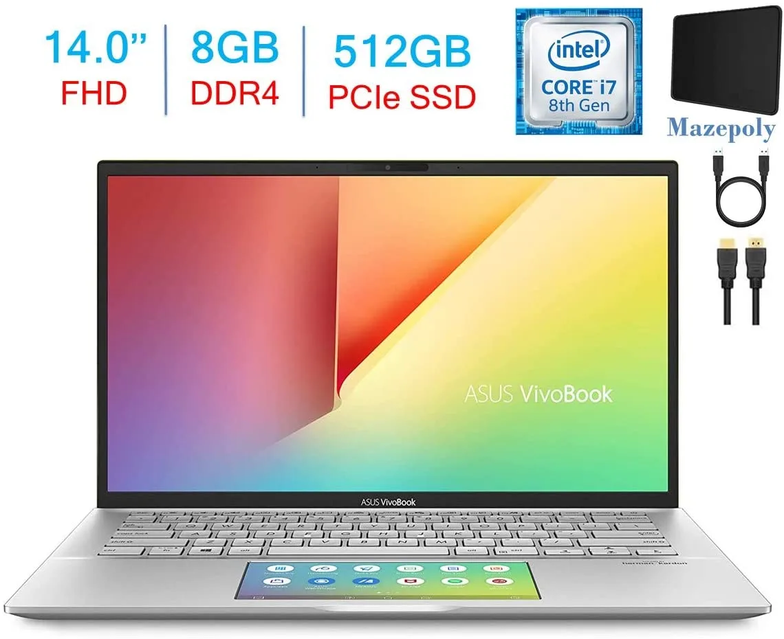 Silver 14-inch laptop with thin bezels and ScreenPad 2.0 trackpad display