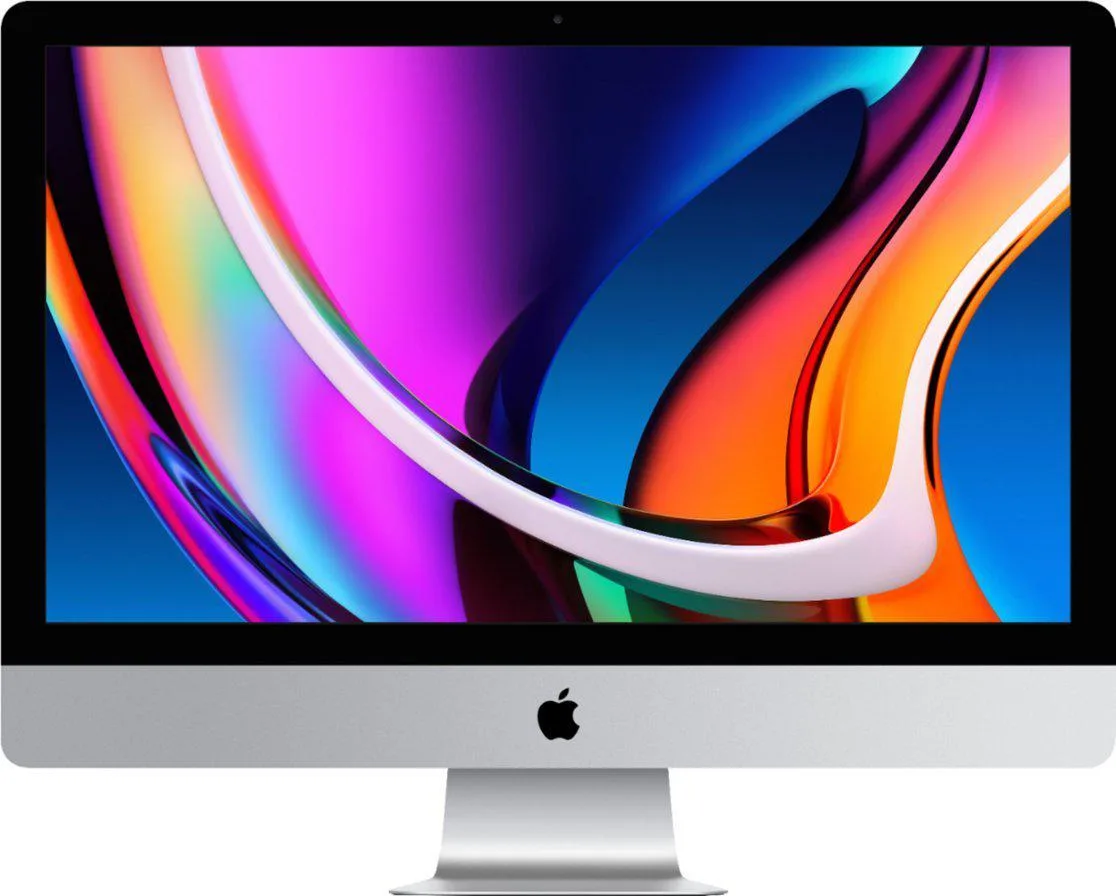 Silver aluminium all-in-one desktop with 27 inch Retina 5K display thin edges third-party keyboard mouse
