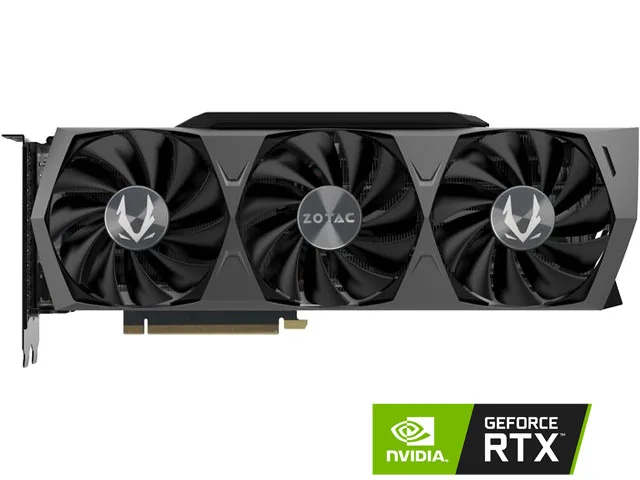 Black triple-fan graphics card with metal frontplate and RGB lighting, three-slot ATX form factor