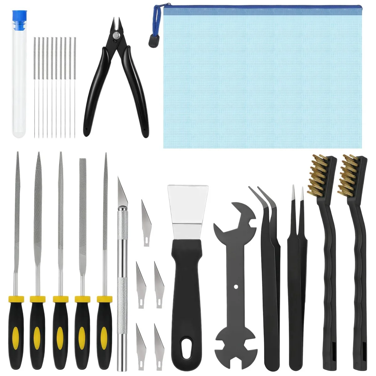 Black portable toolbox containing 28-piece 3D printer tool kit with brushes, tweezers, needles, wrench, scraper, files, knife