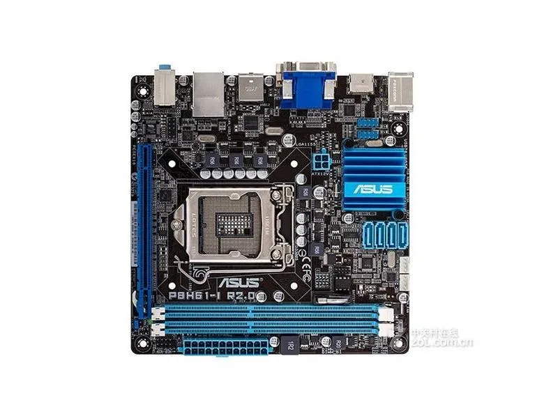 Green Mini-ITX motherboard with silver CPU socket and black memory slots