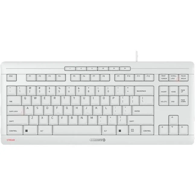 Gray tenkeyless wired keyboard with low-profile scissor keys and metal plate