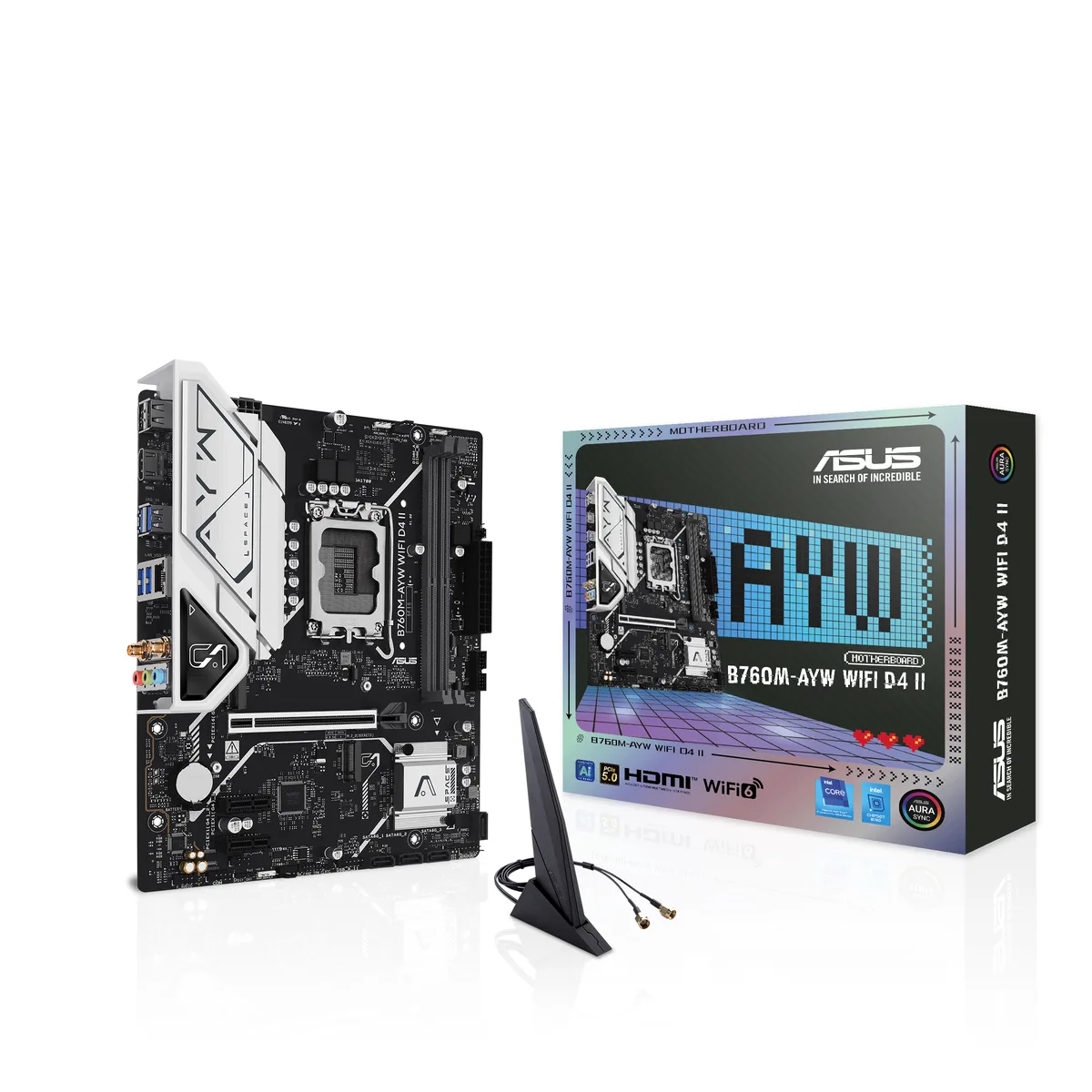 White microATX motherboard with silver heatsinks and black PCB