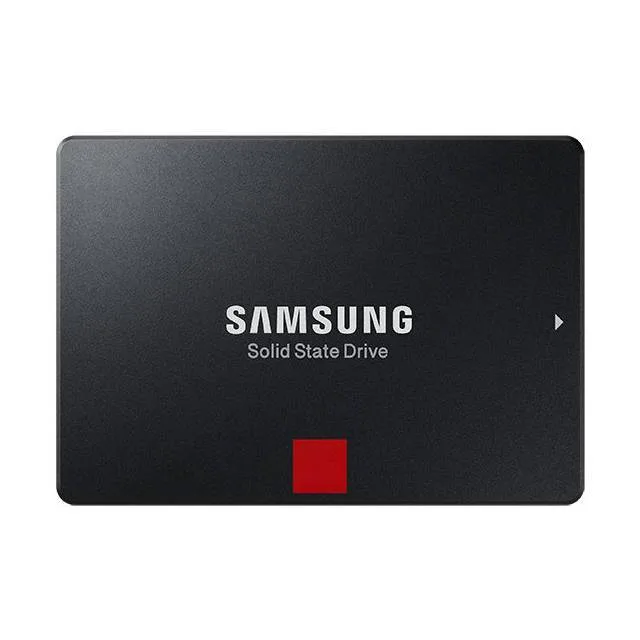 Rectangular 2.5 inch SATA SSD with black metal casing and label