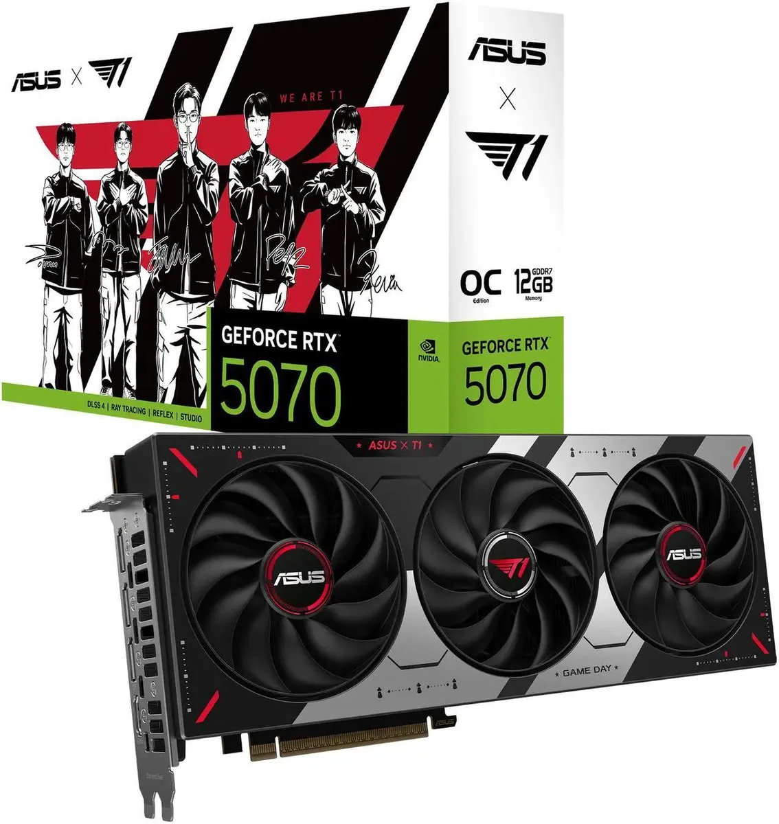 Black and silver graphics card with three axial fans and a metal backplate