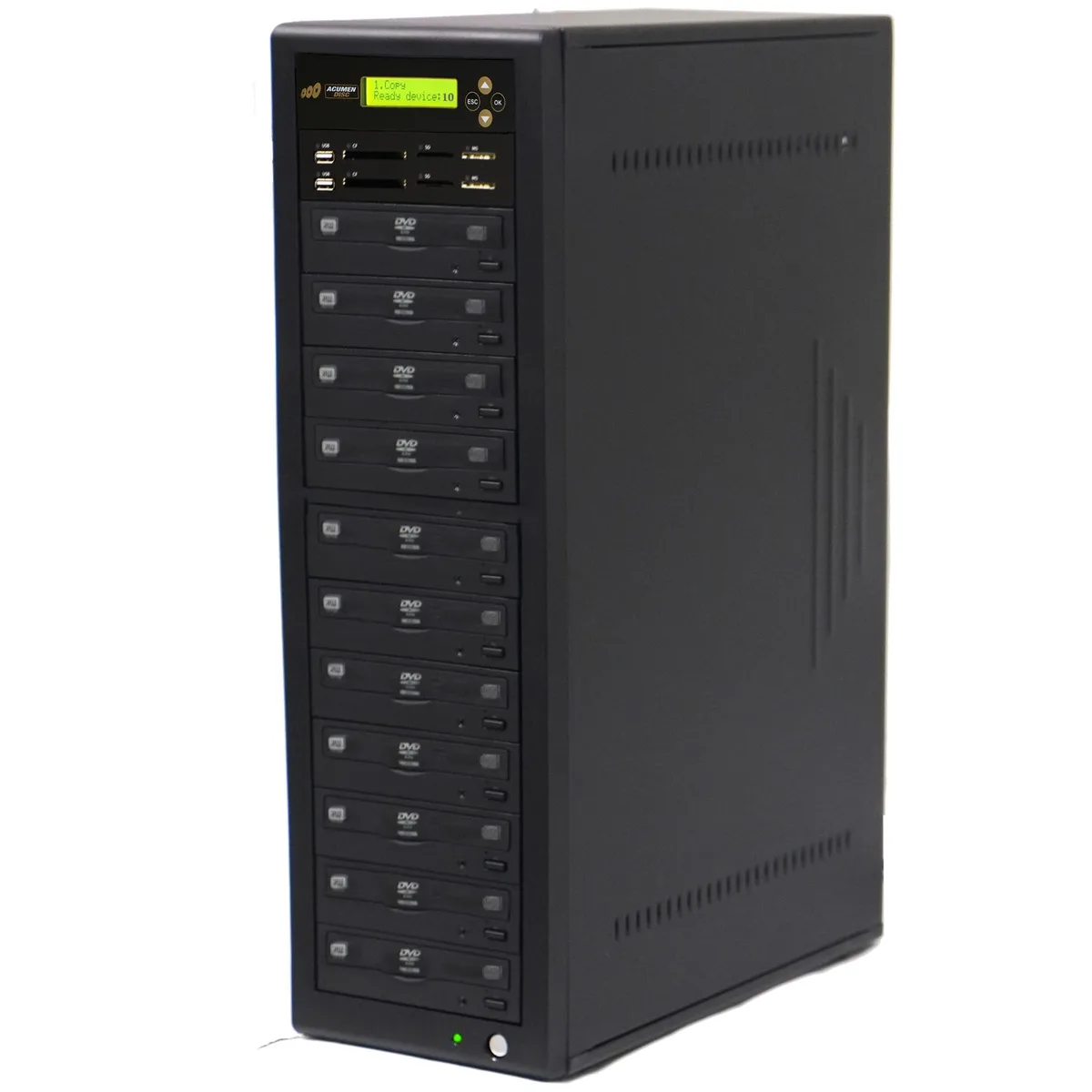 Rectangular tower duplicator with ten disc trays and front card slots