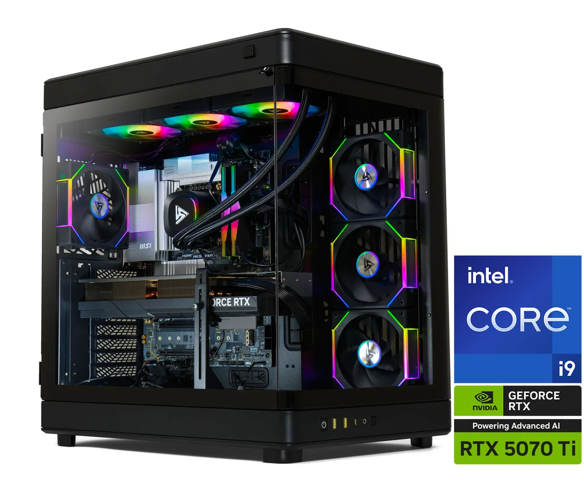 Black mid-tower gaming desktop with curved glass side panel, RGB memory visible inside