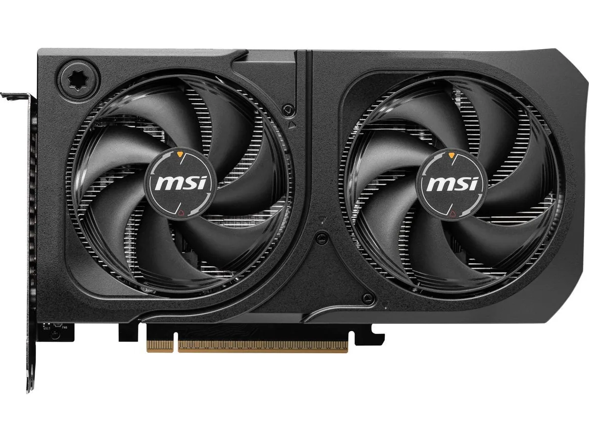 Black dual-fan graphics card with silver accents, two-slot design