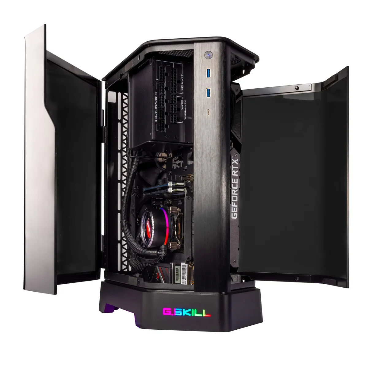 Compact black Mini ITX gaming desktop with RGB-lit 240mm AIO cooler visible through side panel