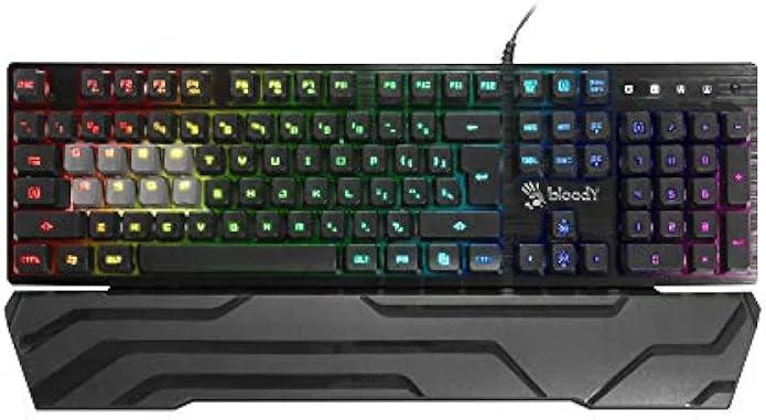 Black full-size gaming keyboard with detachable wrist rest and RGB backlighting