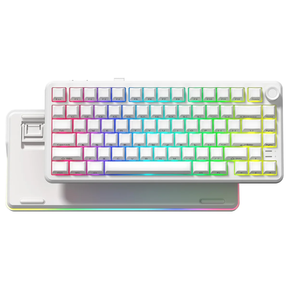 White 75% wireless mechanical keyboard with crystal PBT keycaps and a side rotary knob