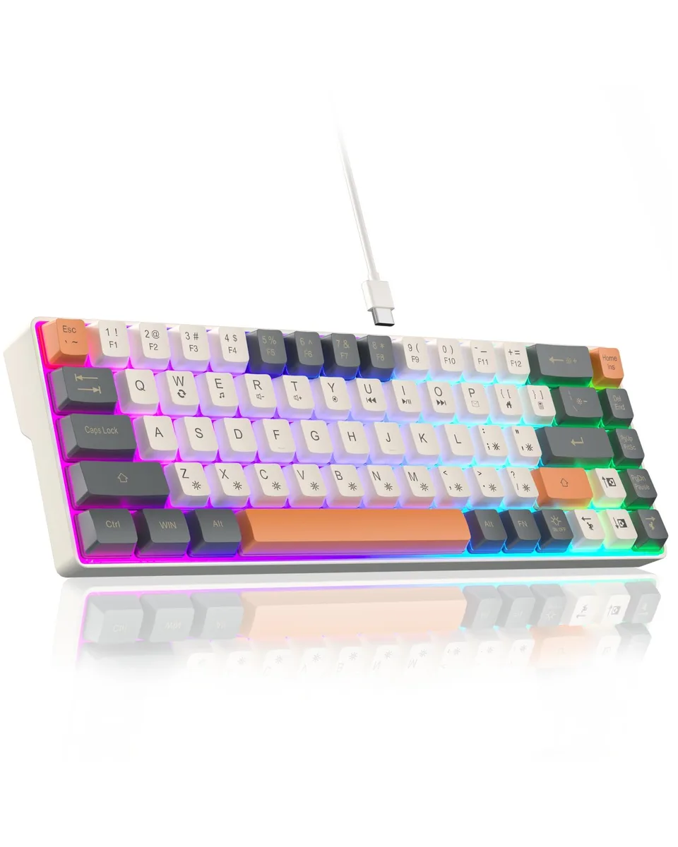 Compact 68-key keyboard in grey and orange with RGB backlighting and detachable USB-C cable