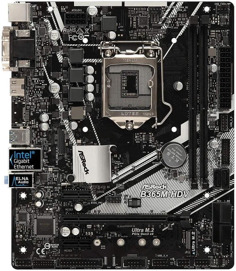 Green MicroATX motherboard with silver CPU socket and black PCIe slots