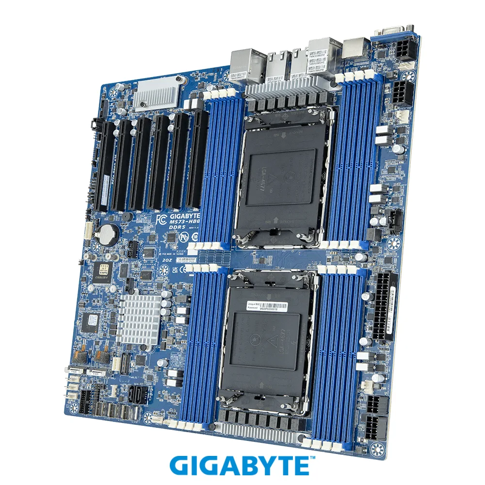 Green E-ATX server motherboard with dual LGA 4677 sockets and sixteen DDR5 slots