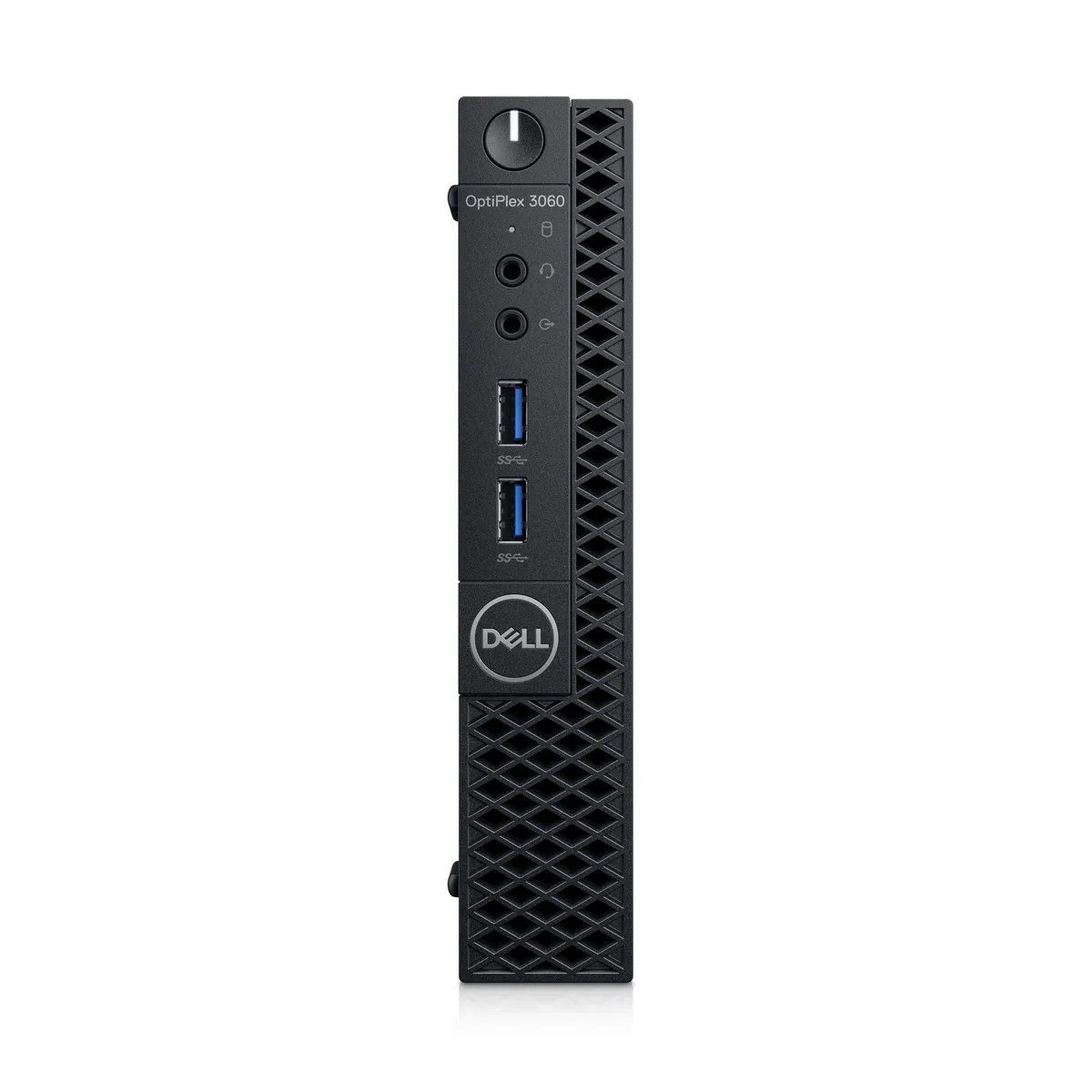 Black micro form factor desktop tower with front panel vents and Dell badge