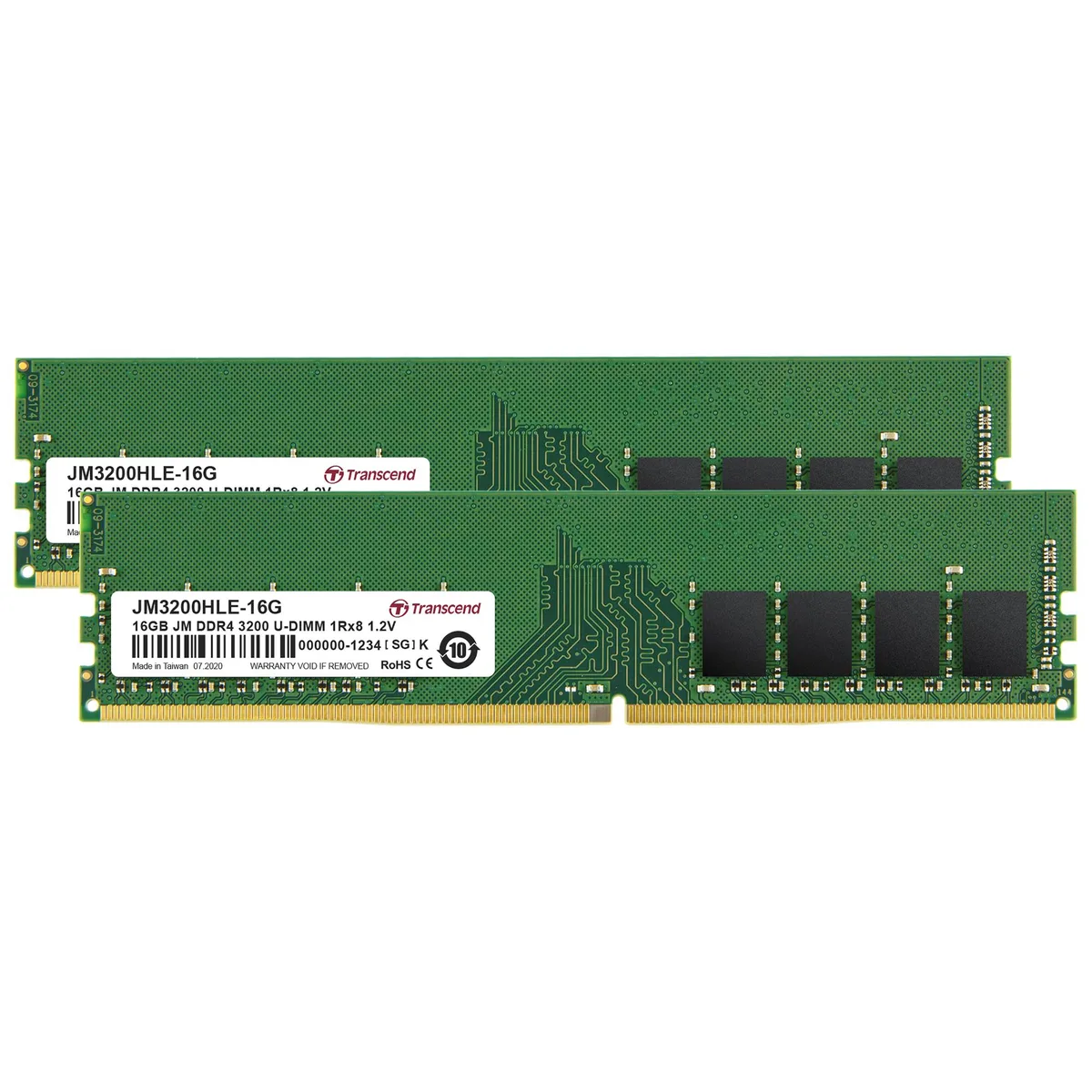 Two green DDR4 UDIMM sticks in a clear blister pack