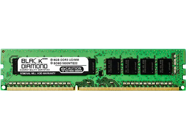 Green circuit board DDR3 memory module with black chips and gold contacts