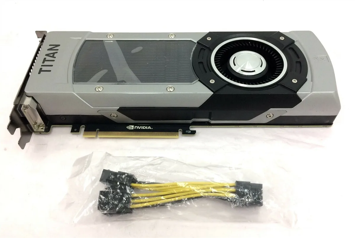 Black graphics card with a metal fan shroud, dual-slot heatsink, and DisplayPort, DVI and HDMI outputs
