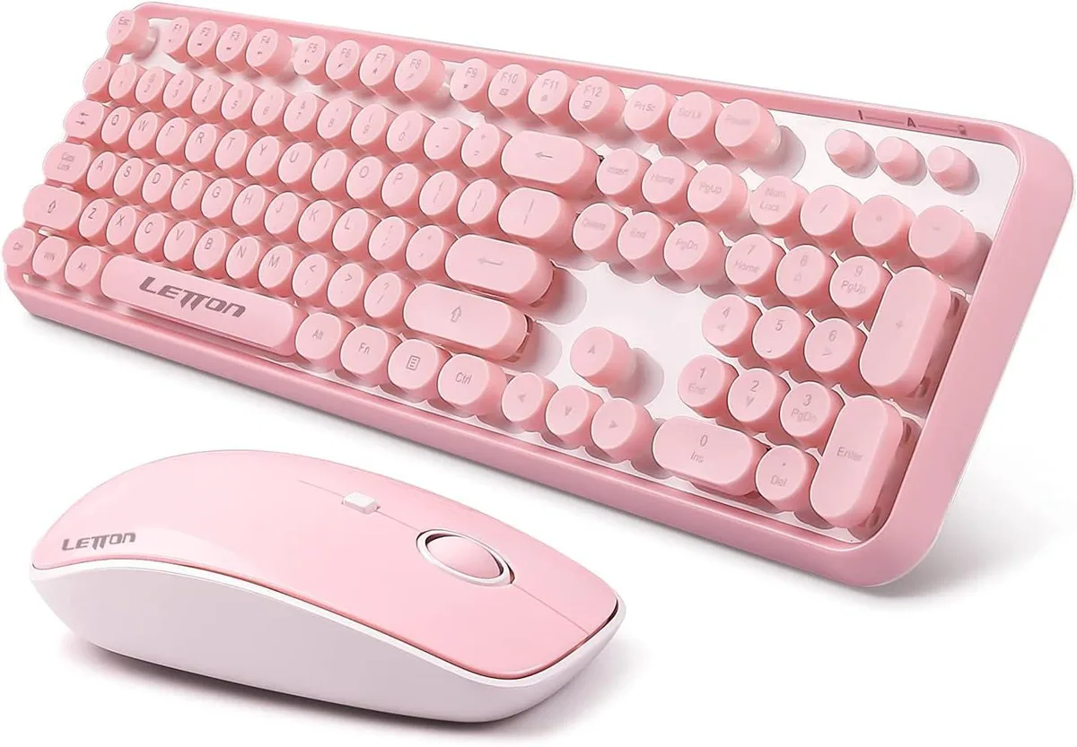 Pink wireless keyboard and mouse set with round retro keycaps and compact optical mouse