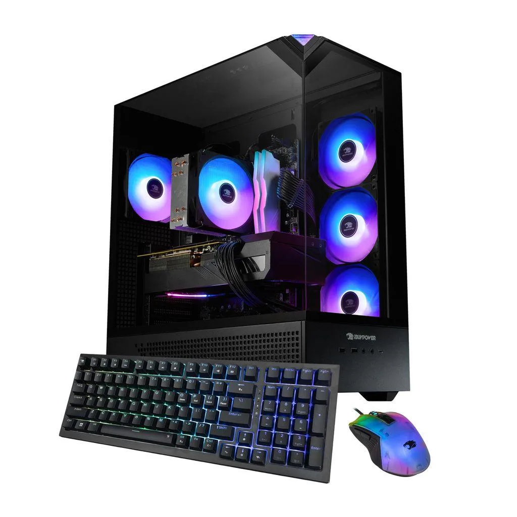 Black mid-tower desktop case with RGB fans and included keyboard and mouse