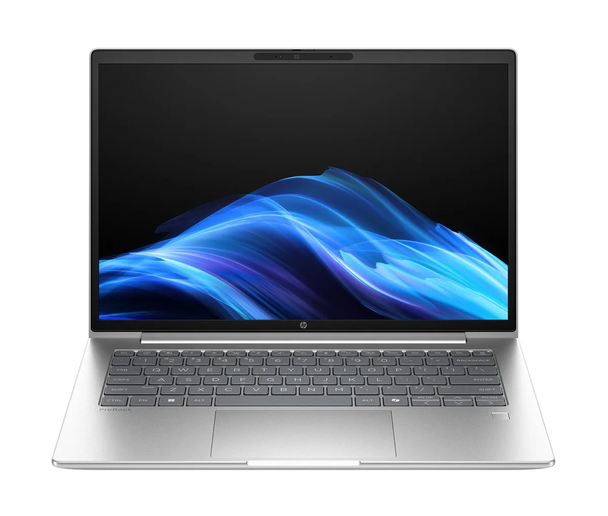 Silver 14-inch business laptop, thin tapered profile, matte anti-glare display, compact keyboard deck, subtle HP logo on lid