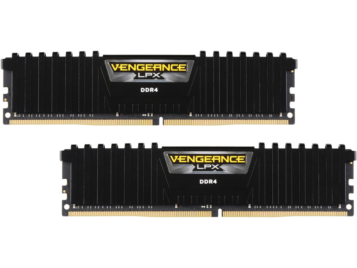 Two black low-profile DDR4 modules with anodized aluminum heatspreaders