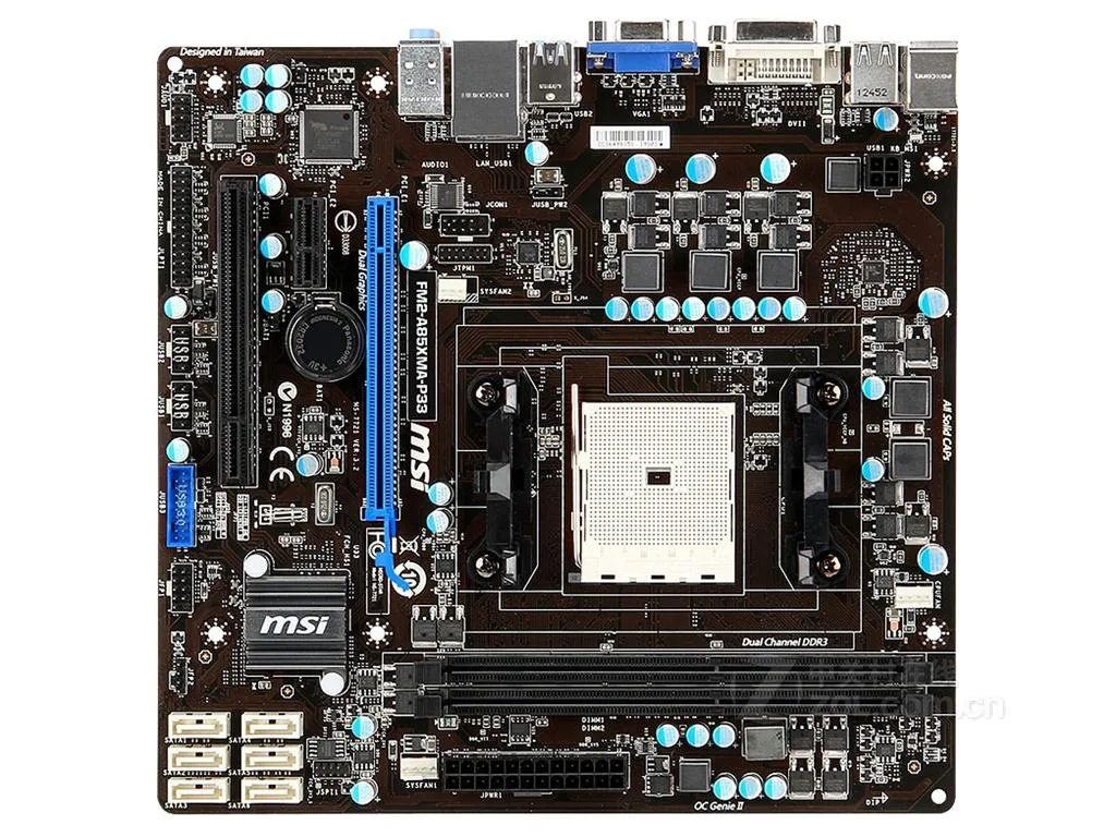 Green Micro ATX motherboard with black FM2 socket and silver heatsinks