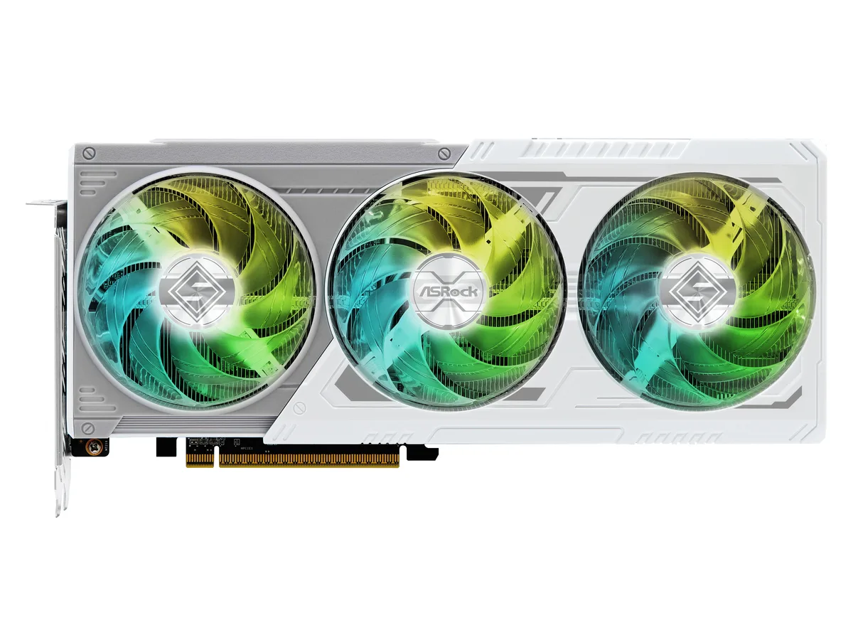 White triple-fan graphics card with silver accents, 2.6-slot thickness