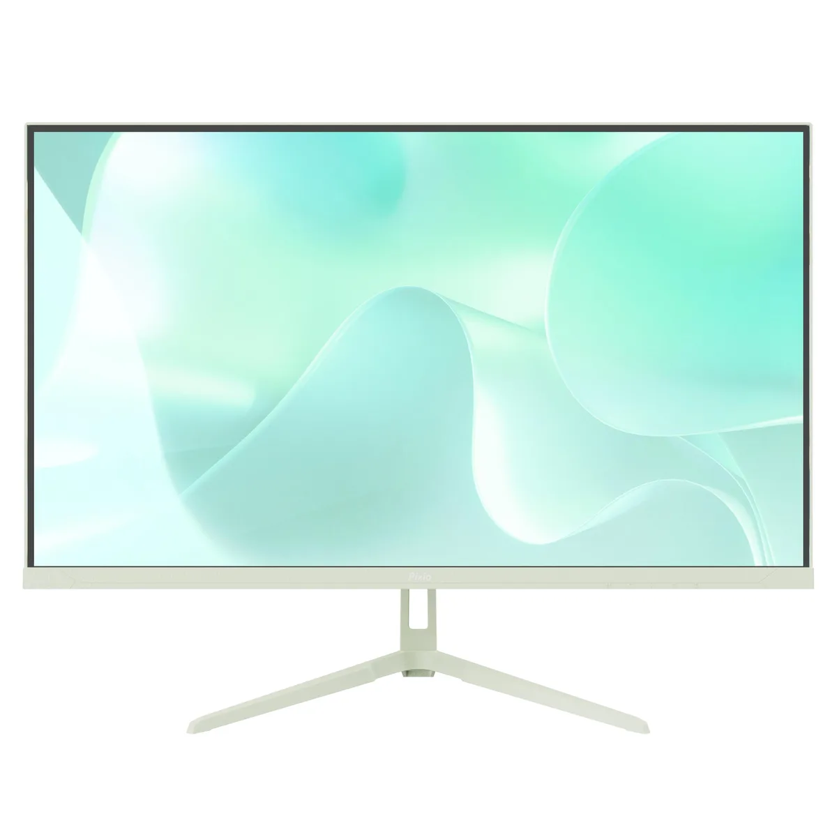 Mint green 27 inch gaming monitor with three sided frameless bezel and stand
