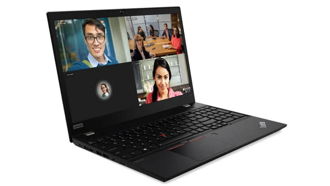 Black Lenovo ThinkPad T15 laptop, 15.6 inch matte screen, closed lid showing logo