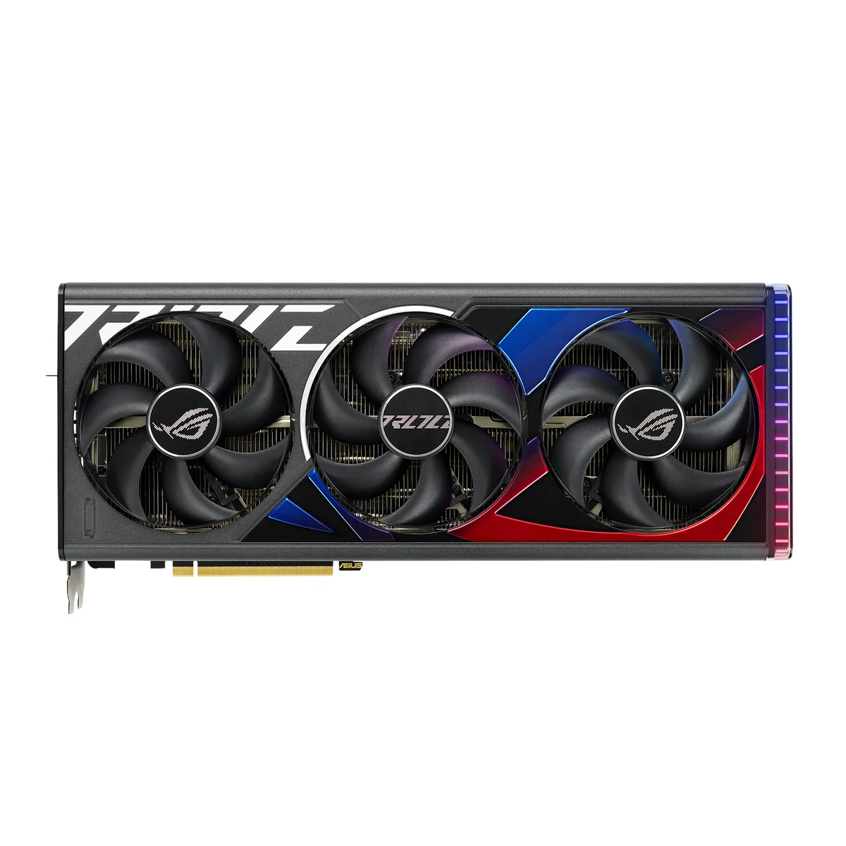 ASUS ROG Strix RTX 4080 SUPER triple-fan card in dark metal finish with vented backplate