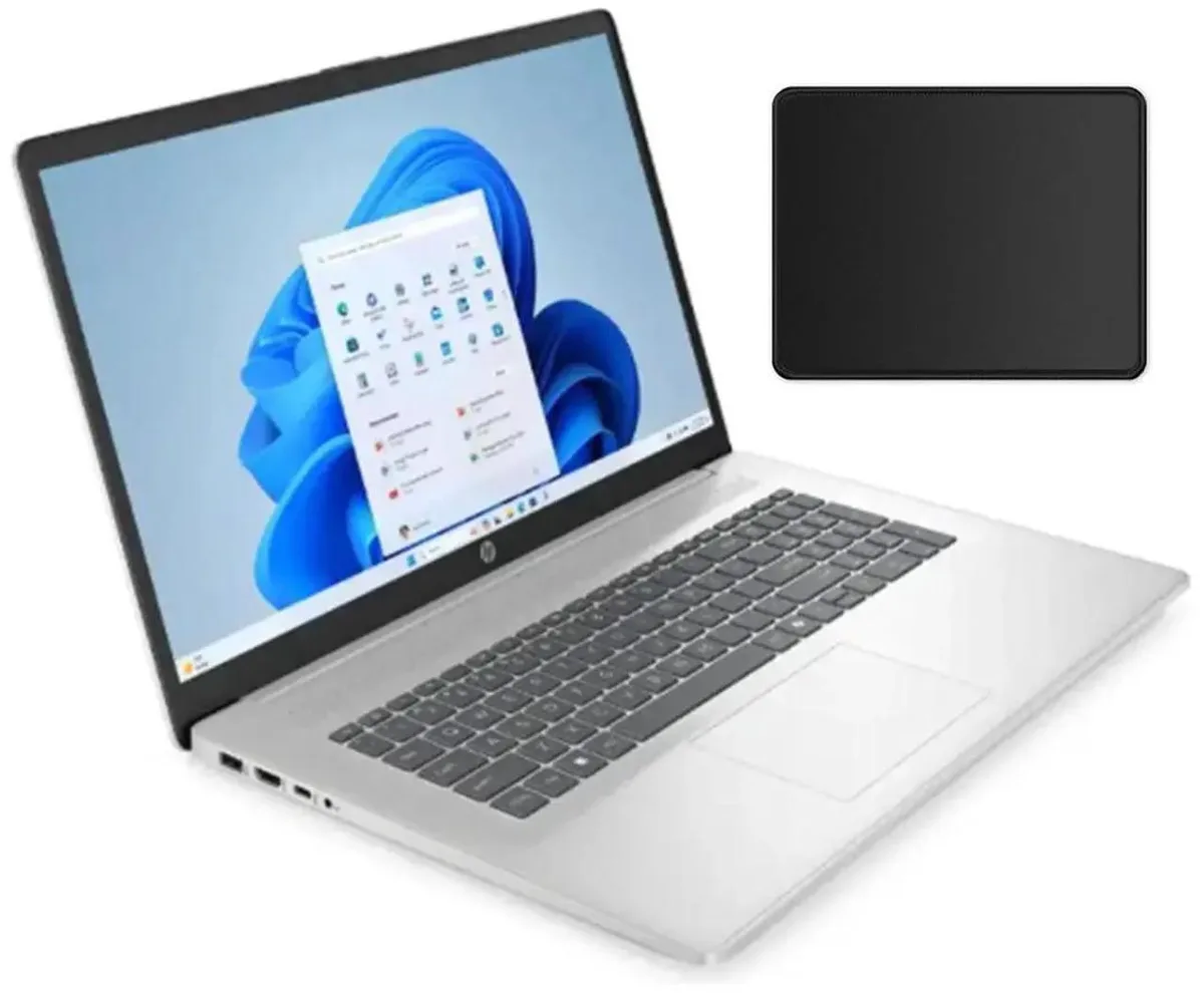 Silver 17.3 inch laptop with narrow bezel display and lift hinge design