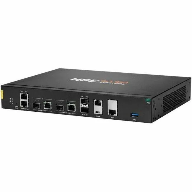 White rectangular desktop router with four SFP cages and multiple RJ-45 ports