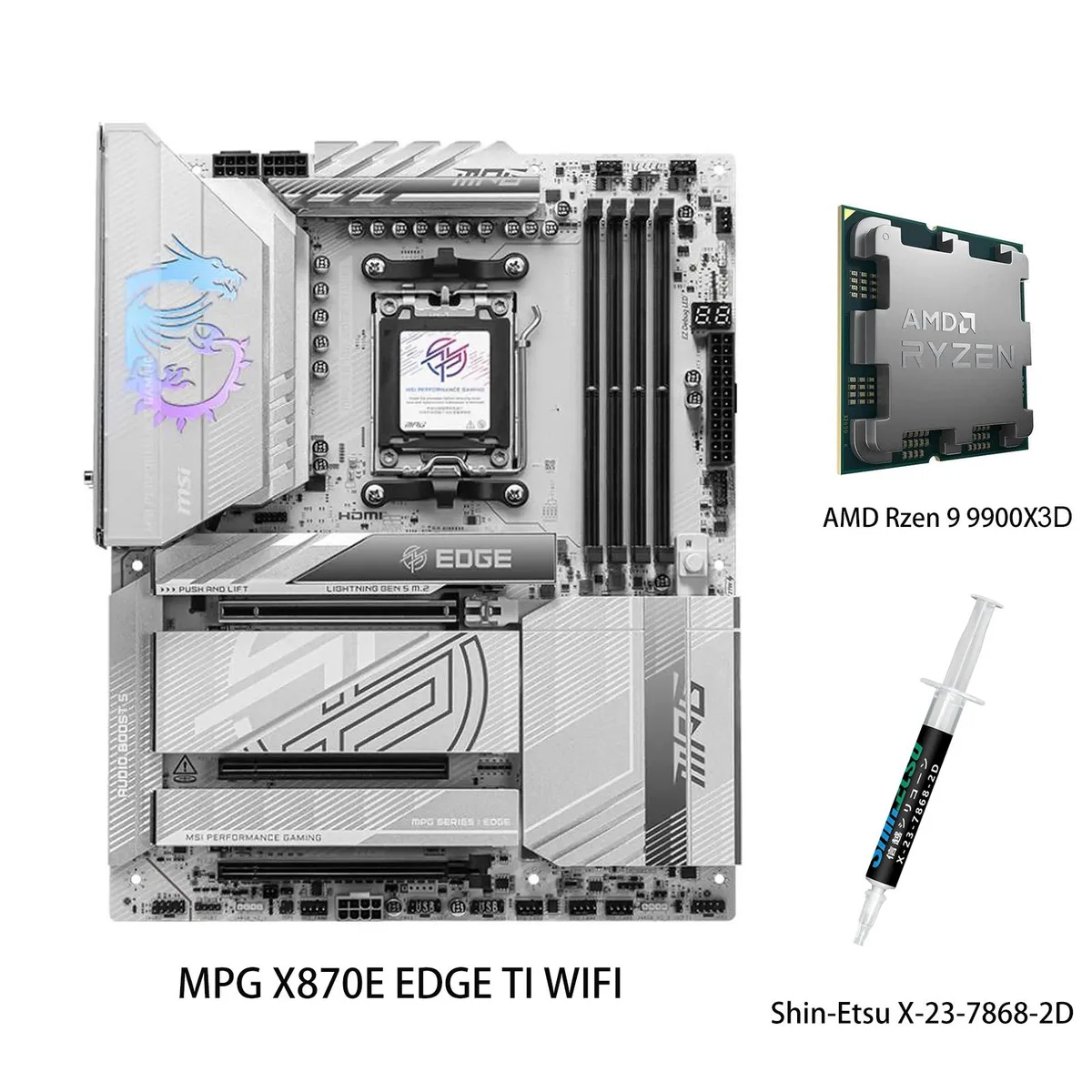 ATX motherboard with silver heatsinks and Ryzen 9 9900X3D CPU installed