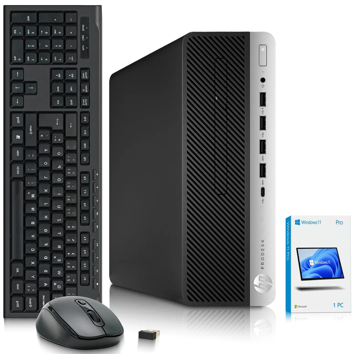 Small silver HP ProDesk 600 G4 tower with wireless keyboard and mouse