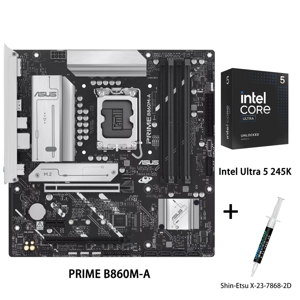 ASUS PRIME B860M-A motherboard with Intel Ultra 5 245K CPU and thermal grease tube