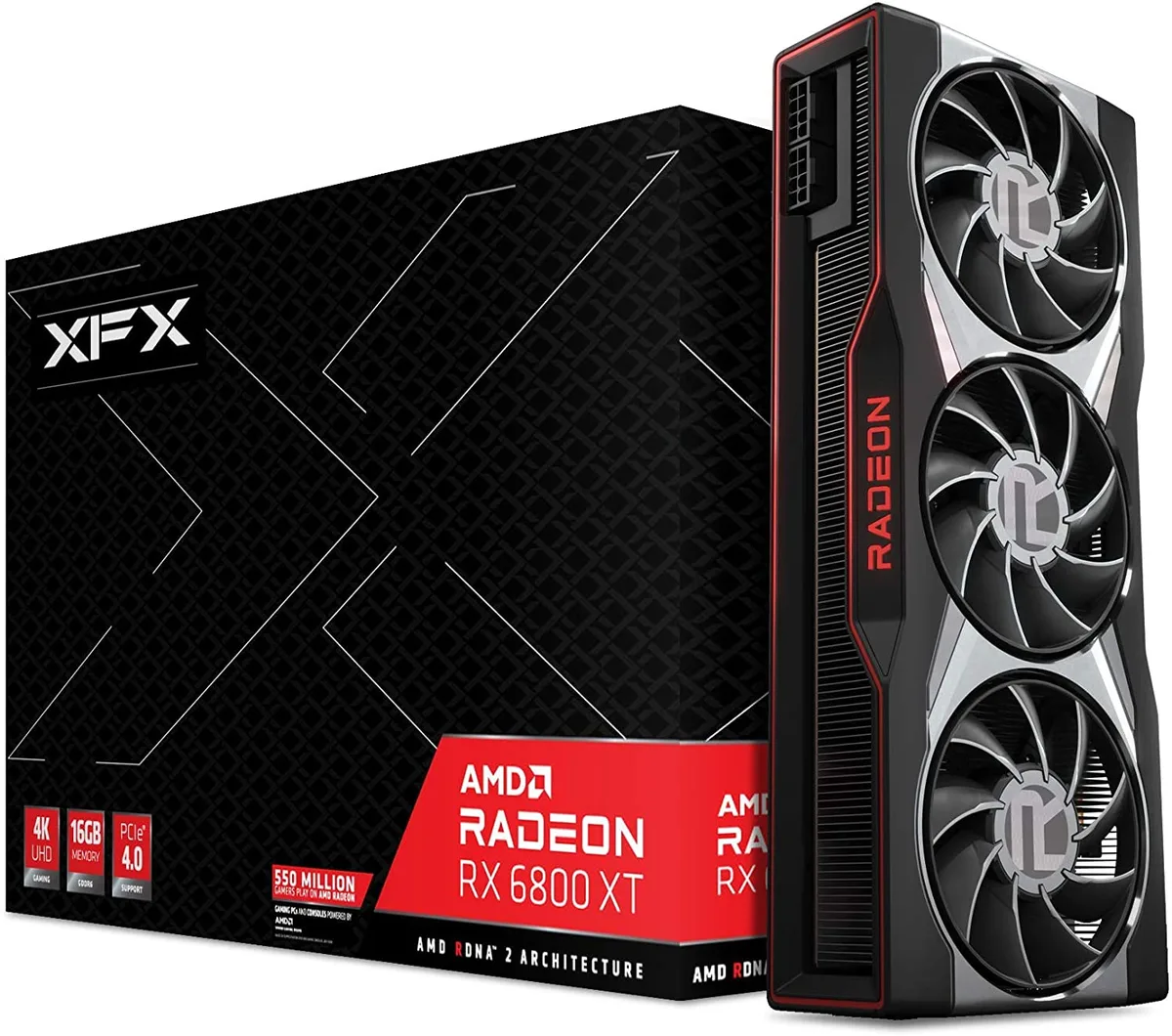 XFX Radeon RX 6800 XT graphics card with triple fans and matte black shroud