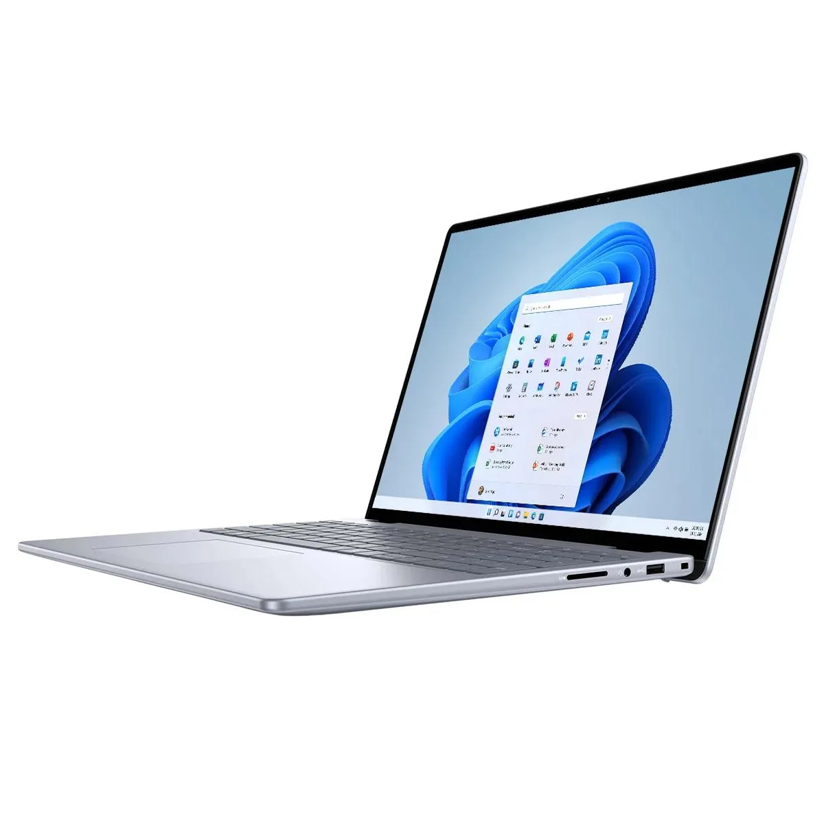 Silver 16-inch touchscreen laptop with ice-blue backlit keyboard, open on a plain background